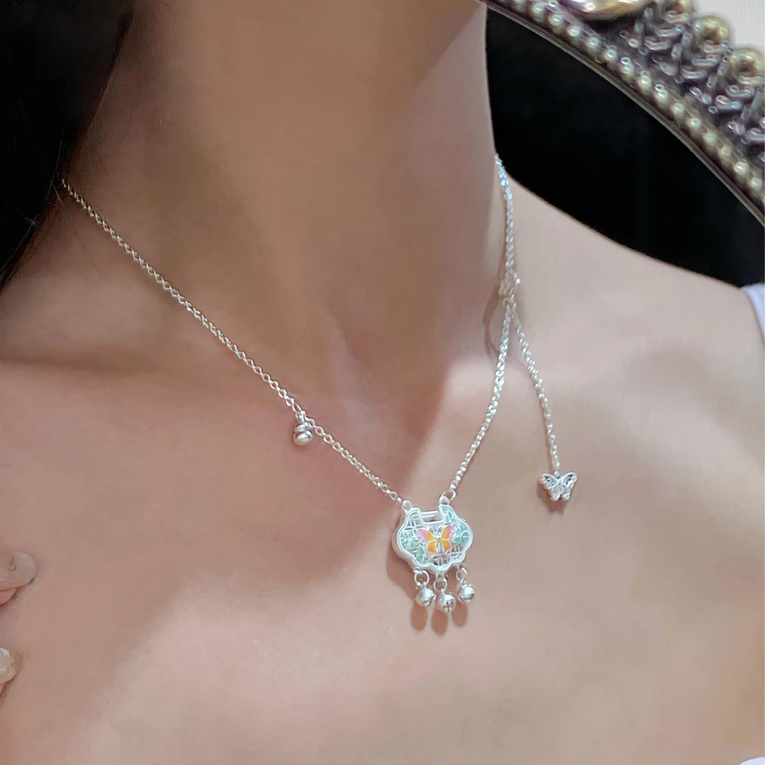 吊坠足银珐琅 燕归yangui“浅宜莲”平安锁足银999.9项链