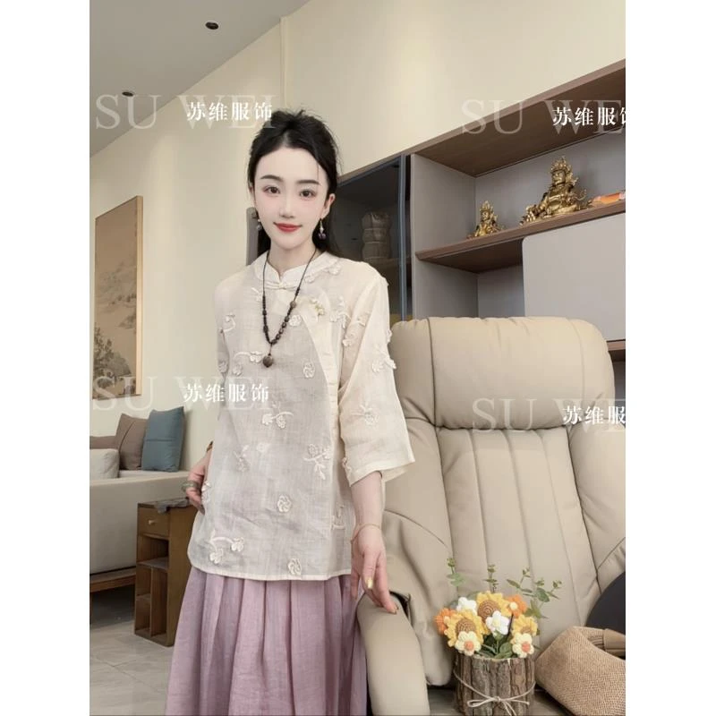 【福顶】269苎麻衬衫女宽松显瘦复古中式设计甜美小衫春夏百搭上衣