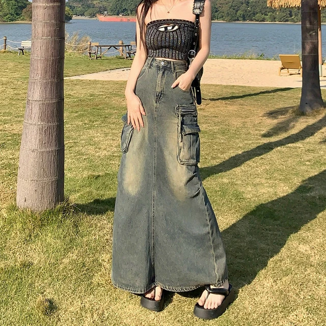 【冰美式】高腰设计感工装开叉口袋鱼尾压褶牛仔中长裙 水泥灰XS-