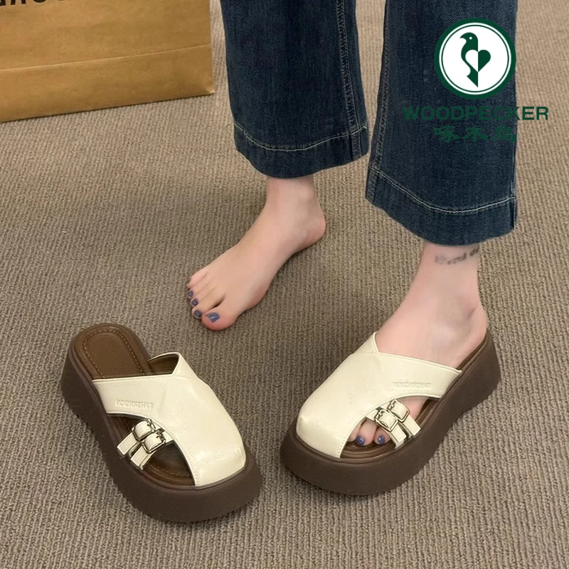 啄木鸟复古包头半拖鞋外穿2025新款轻便厚底凉拖鞋百搭沙滩罗马鞋