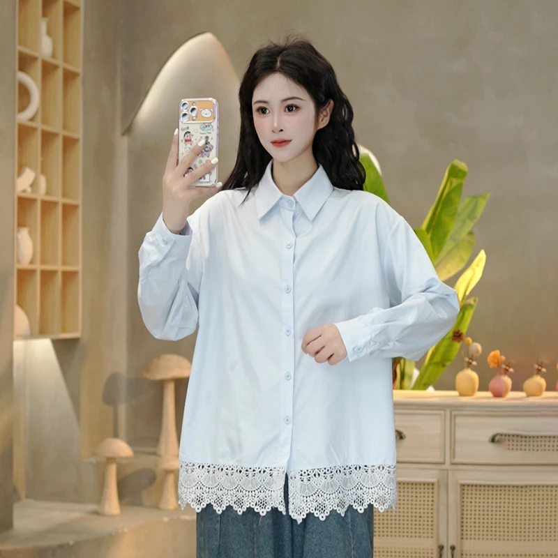 8861 春款拼接蕾丝下摆翻领单排扣长袖中长款衬衫女装