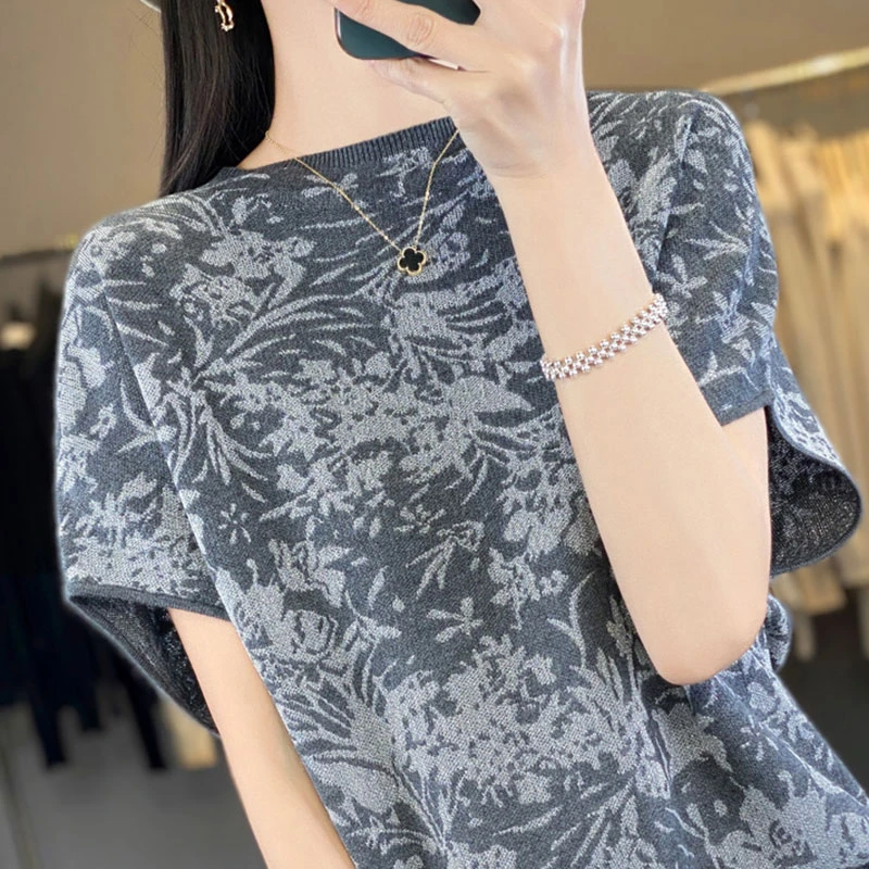 短袖T恤女新款大码女装母亲节妈妈夏装洋气高贵冰丝针织上衣夏季