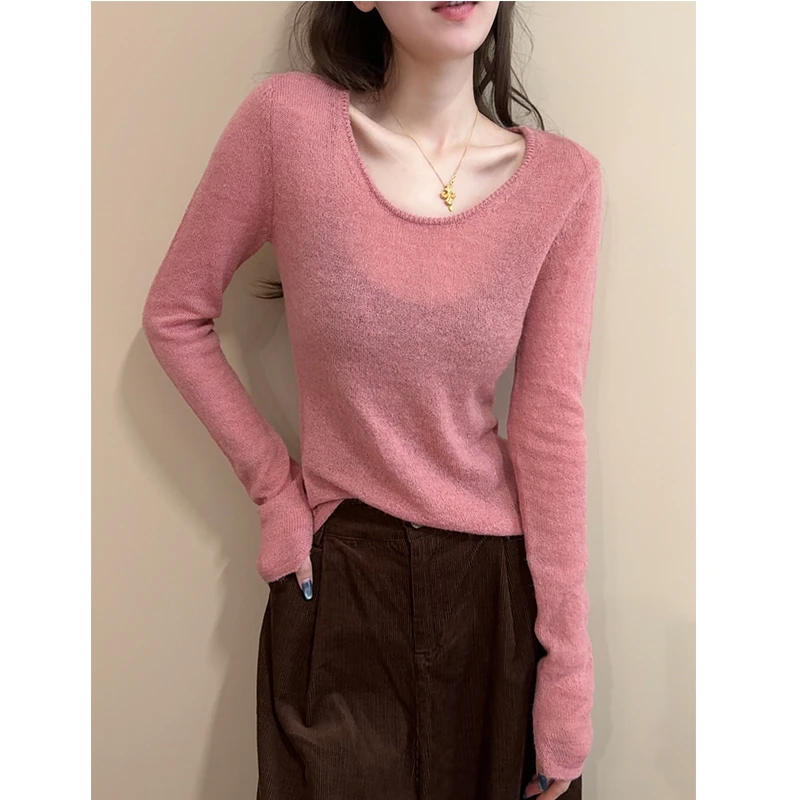 【欧韩服饰】直筒偏修身马海毛毛衣女秋冬低U领开口长袖打底针织衫