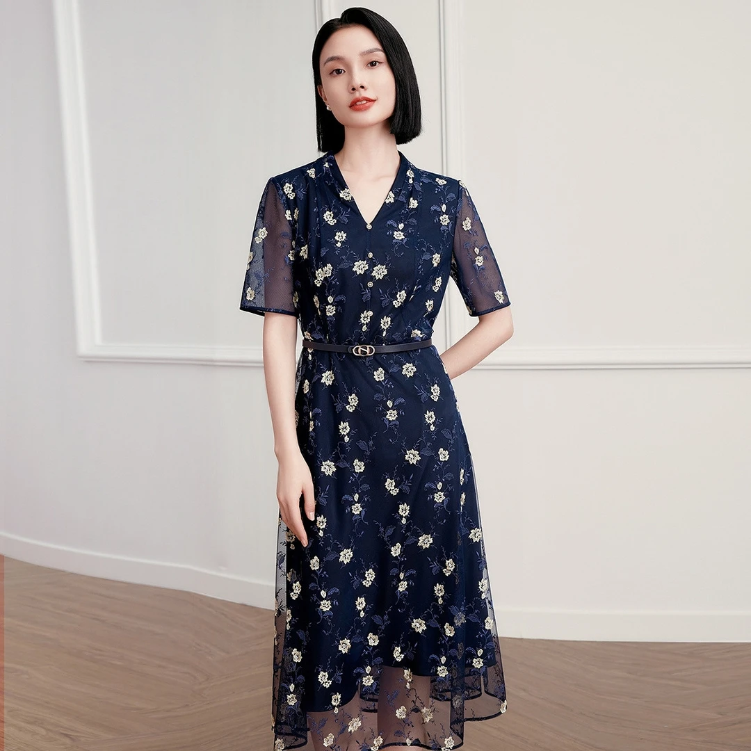 【晨粉专享价】【春日碎花裙】娜尔思浪漫优雅深蓝V领网纱仙女裙25年