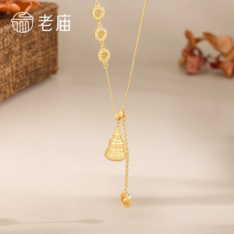 老庙 坠链均925银 S925银古法吉祥福满许愿塔金色项链
