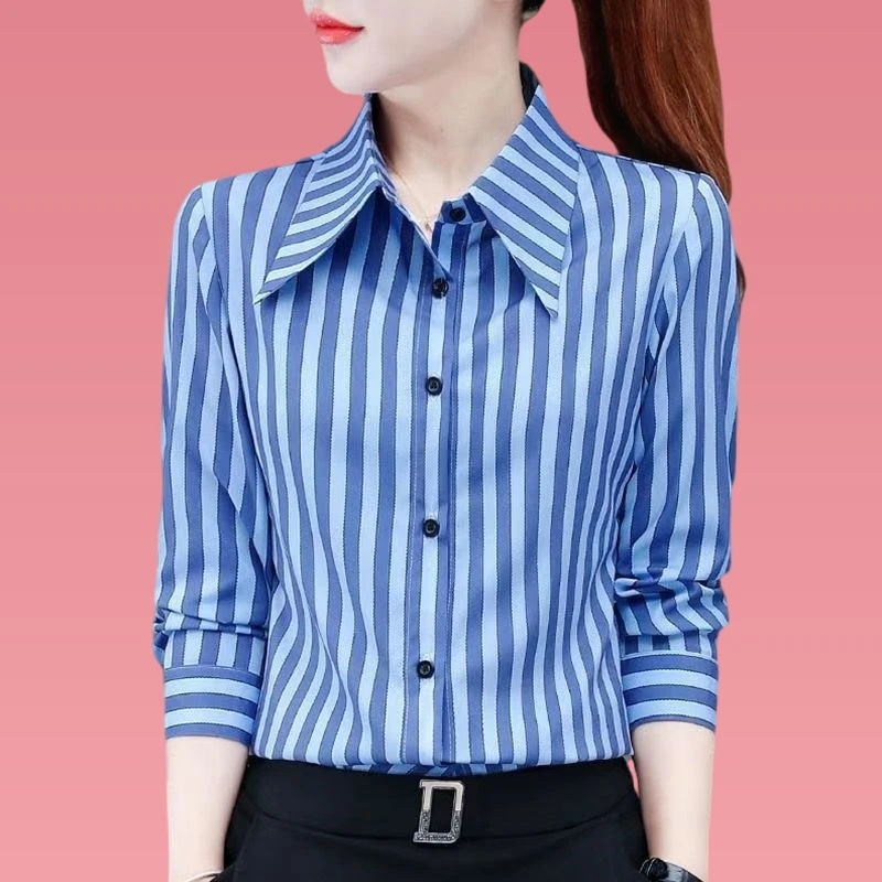 衬衫显瘦气质衬衣长袖洋气打底条纹韩版春秋时尚休闲百搭夏季宽松