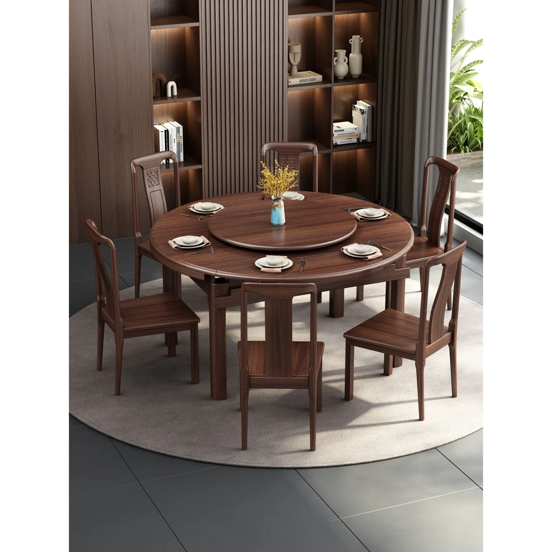 乌金木餐桌椅组合伸缩折叠圆形实木吃饭桌家用小户型可变方圆桌子