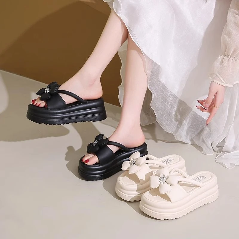 W 33小码厚底凉拖鞋女夏外穿2025新款配裙子仙女增高蝴蝶结沙滩凉