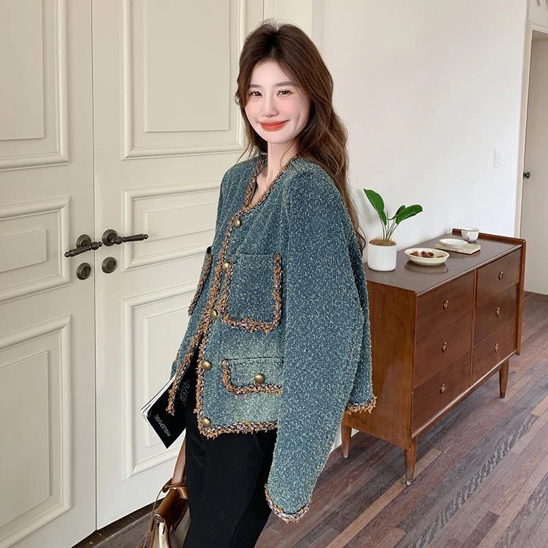 韩系蓝色小香风水洗牛仔短款外套女春季重工高端复古洋气流苏上衣