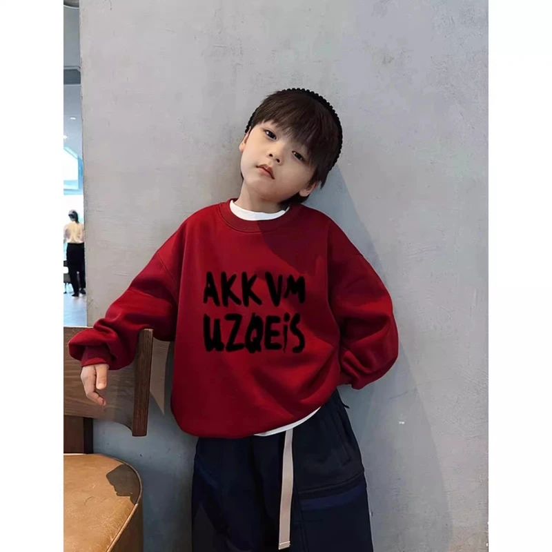 男女童红色卫衣2026新款爆款秋冬季加绒加厚圆领宽松新年潮流上衣