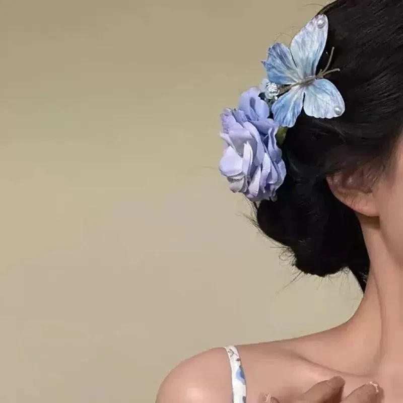 早春氛围感蓝色蝴蝶花朵侧边发夹新中式气质盘发头饰甜美森系发卡