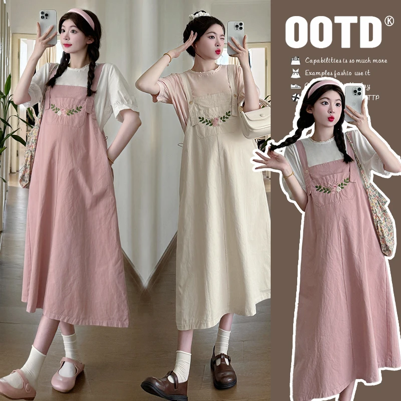 甜美减龄2025年新款孕妇春装套装时尚宽松吊带背带裤外穿短袖上衣