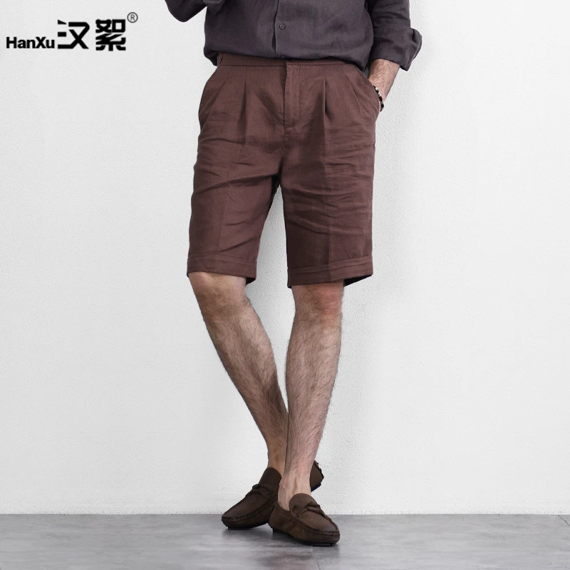 汉絮夏季意式亚麻西装短裤男士时尚宽松直筒裤男轻商务休闲五分裤