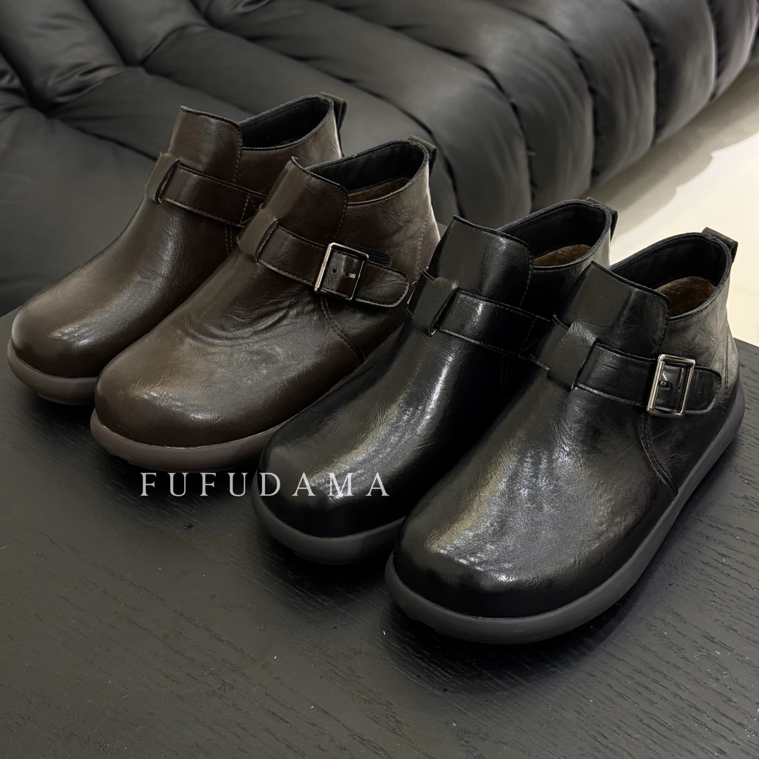 【胖福福大码女鞋】软底小短靴女秋冬季加绒英伦风平底马丁靴