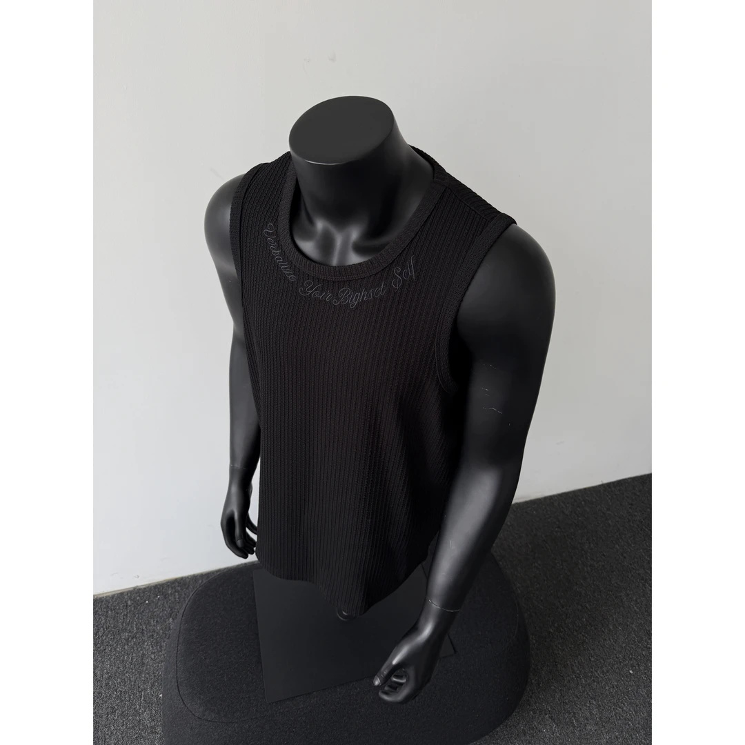 肌理感坑条刺绣重磅坎肩背心新款男夏季美式潮牌痞帅宽松无袖t恤