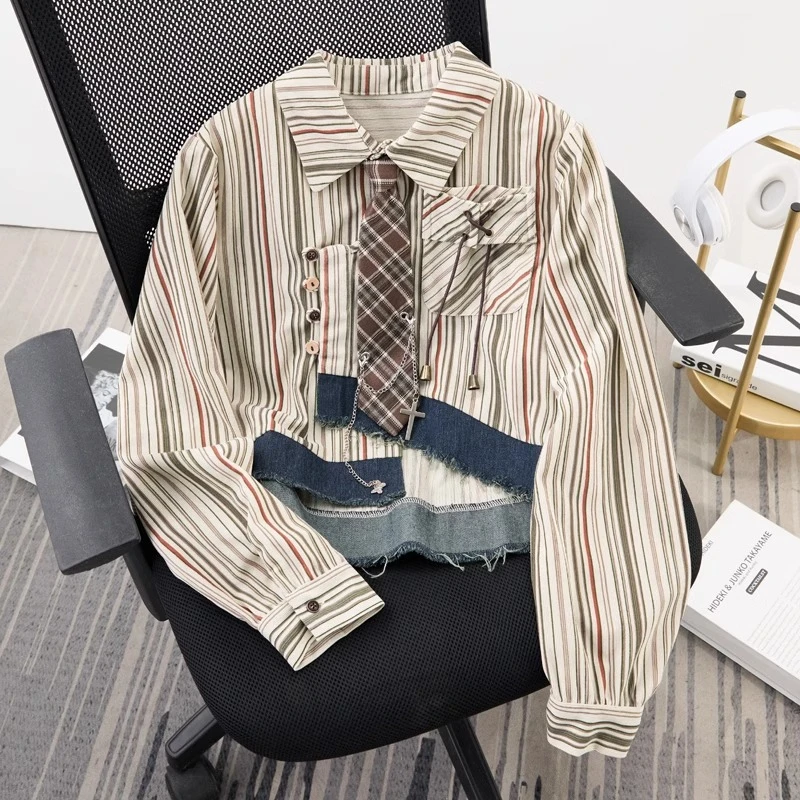 美式复古长袖衬衫女2025春秋新款休闲宽松美拉德设计感纽扣衬衣服