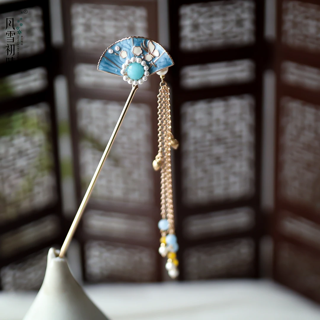 风雪初晴蓝扇子发簪改版发簪手工气质汉服百搭古风簪发日常