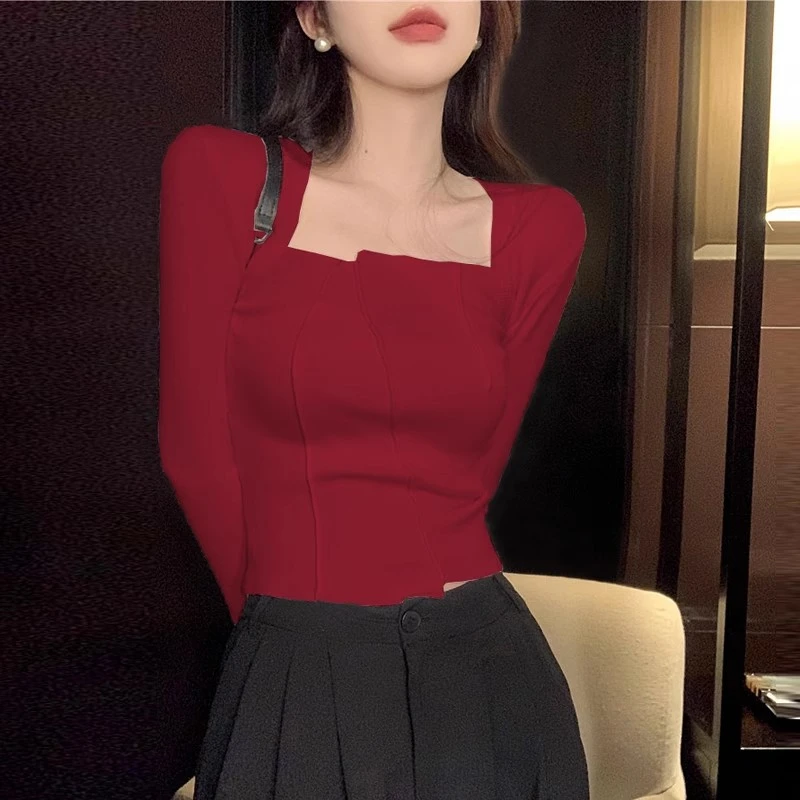 正肩万能打底衫女性感春秋短款小众长袖t恤美式复古鱼骨别致上衣