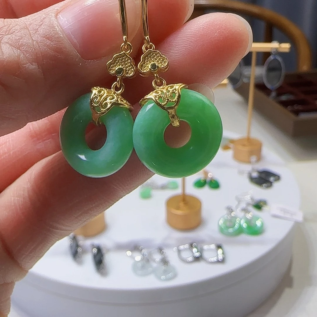 翡翠耳饰银S925镶嵌天然缅甸a货翡翠