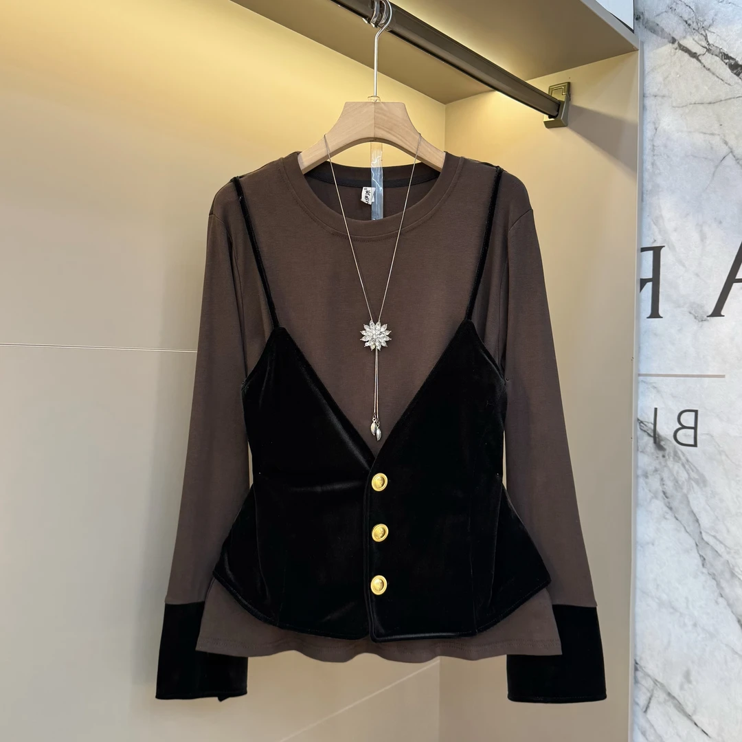 2025欧货大码丝绒吊带拼接v领设计修身洋气胖mm显瘦上衣7930