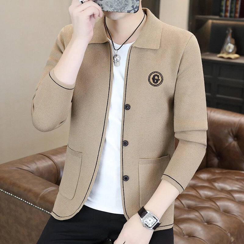 孙尚男士翻领刺绣针织开衫春季新款简约休闲欧货针织男外套24835