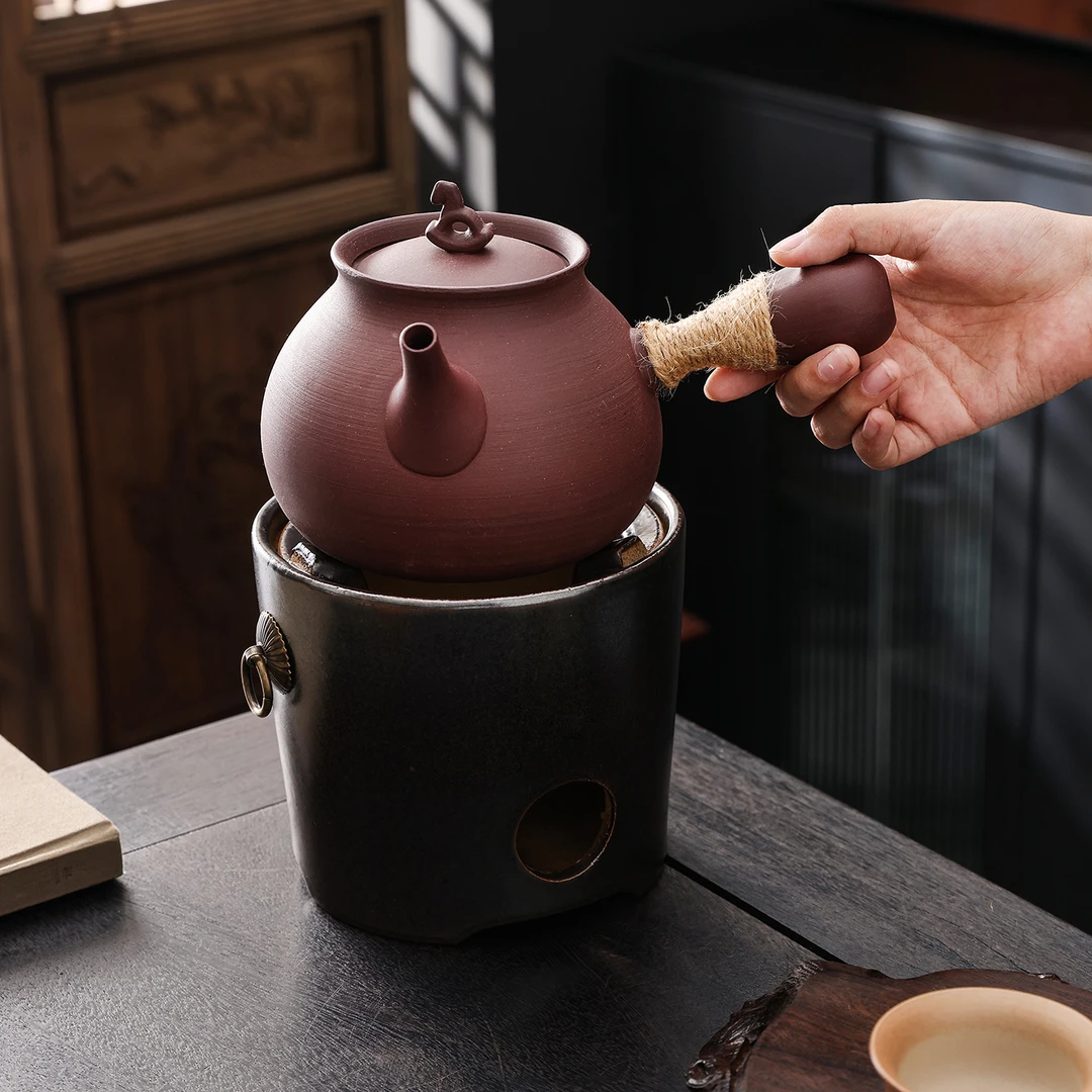 潮州砂铫壶手工原矿红泥煮茶炉陶壶围炉煮茶烤火炉炭炉侧把烧水壶