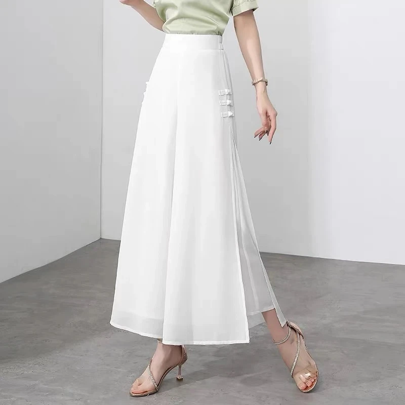 2025国风开叉阔腿裤女夏季薄款飘逸高腰显瘦裙裤垂感雪纺九分裤子