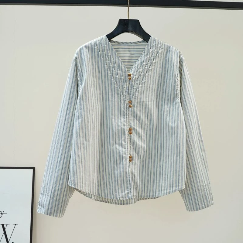 设计感褶皱V领条纹棉衬衫女长袖宽松衬衣2026复古文艺范百搭上衣