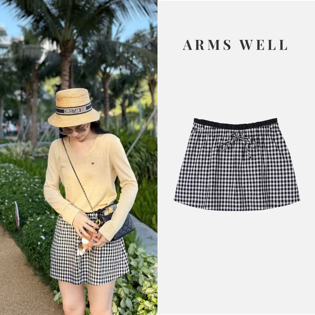 ARMS WELL王囡囡 黑白格纹抽绳松紧腰A字裙裤（有内衬）L99