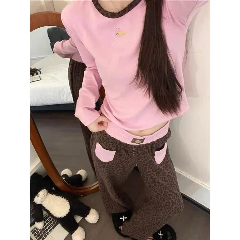 【针织棉KITTY】-春夏黑皮豹纹针织棉女款可爱可外潮牌居家服睡衣