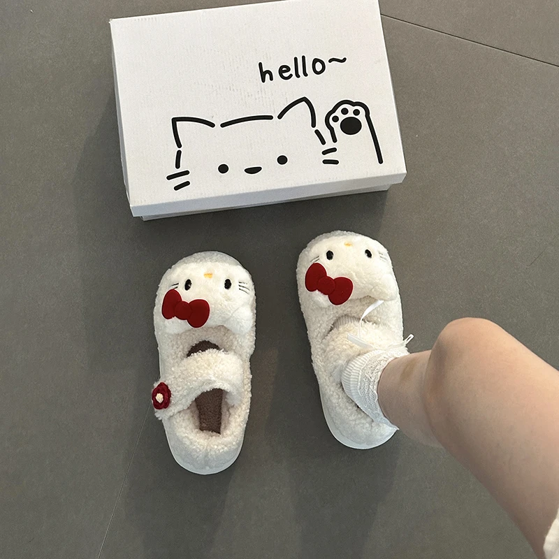 时尚百搭舒适可爱卡通小猫毛绒棉鞋女2025冬季新款花朵魔术贴棉鞋