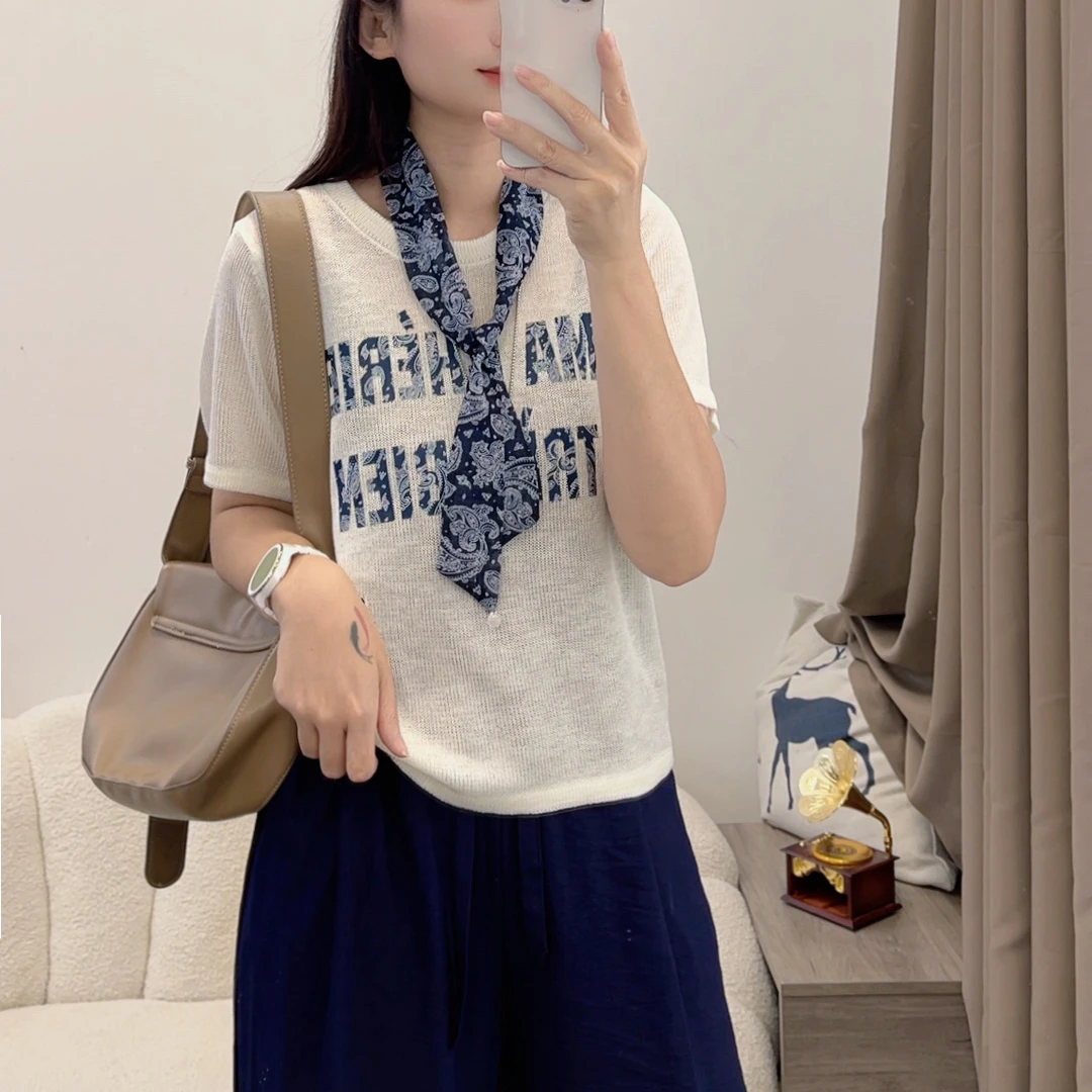 气质显瘦短袖t恤女2024夏季新款圆领字母印花宽松针织上衣DYY2945