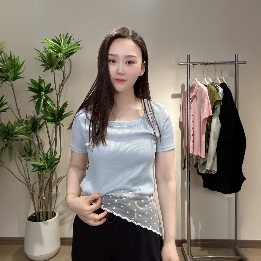 欧货方领正肩短袖t恤女夏季2025新款修身显瘦短款上衣半袖纯色