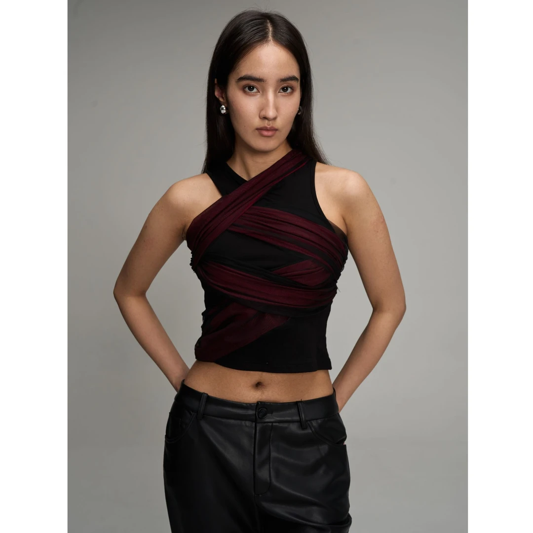 JOHNNYWU 小众黑红拼纱修身时尚背心上衣女