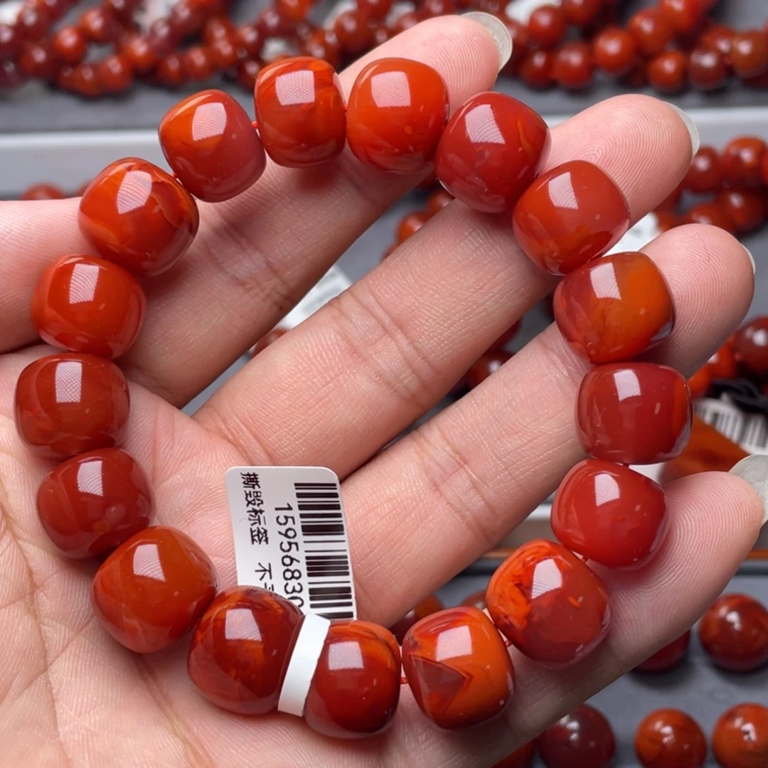 南红玛瑙未镶嵌南红玉石14+mm瓦西玫瑰红火焰纹老型手串
