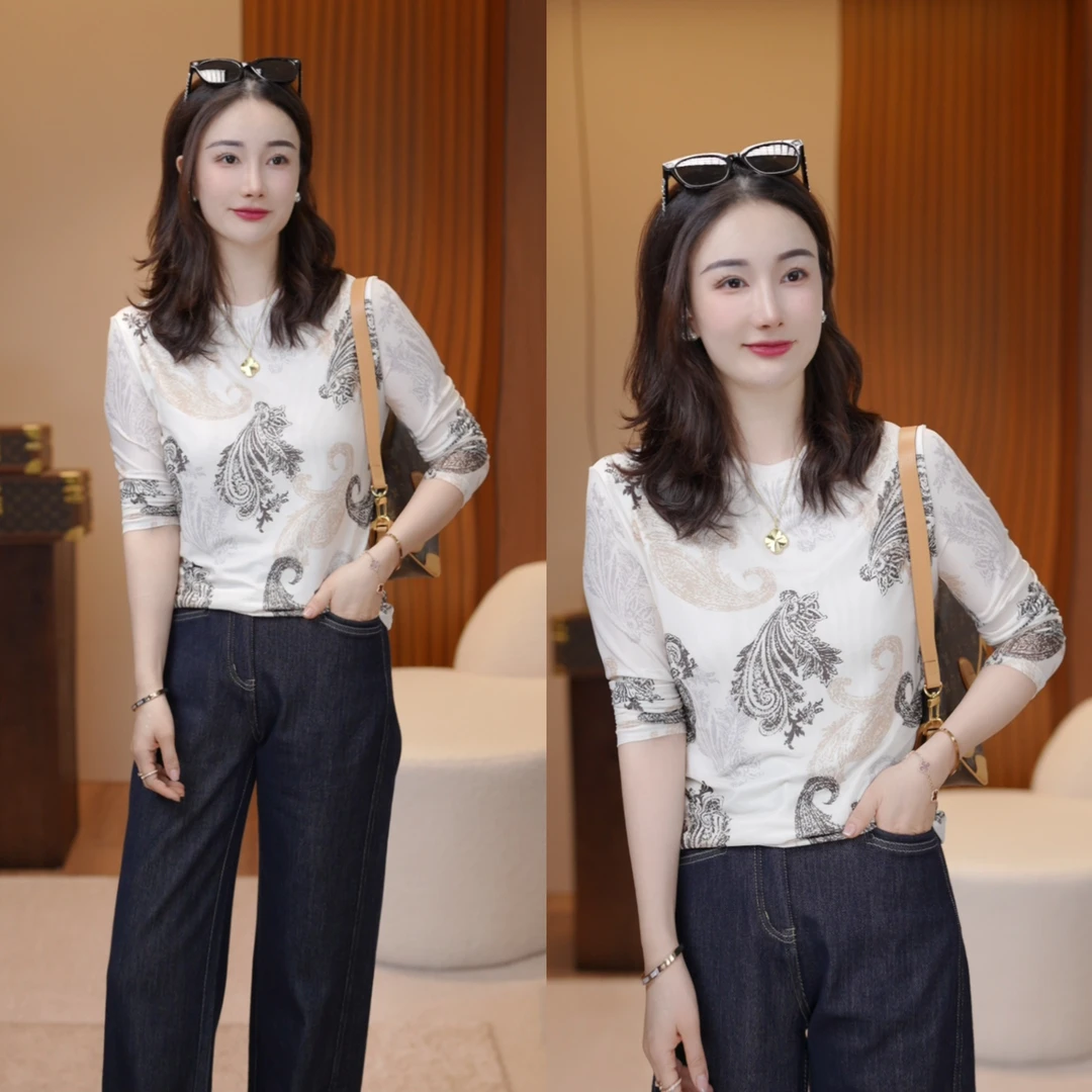 JDND轩羽【腰果花】气质时尚休闲百搭网纱印花皮肤衣上衣XY25368