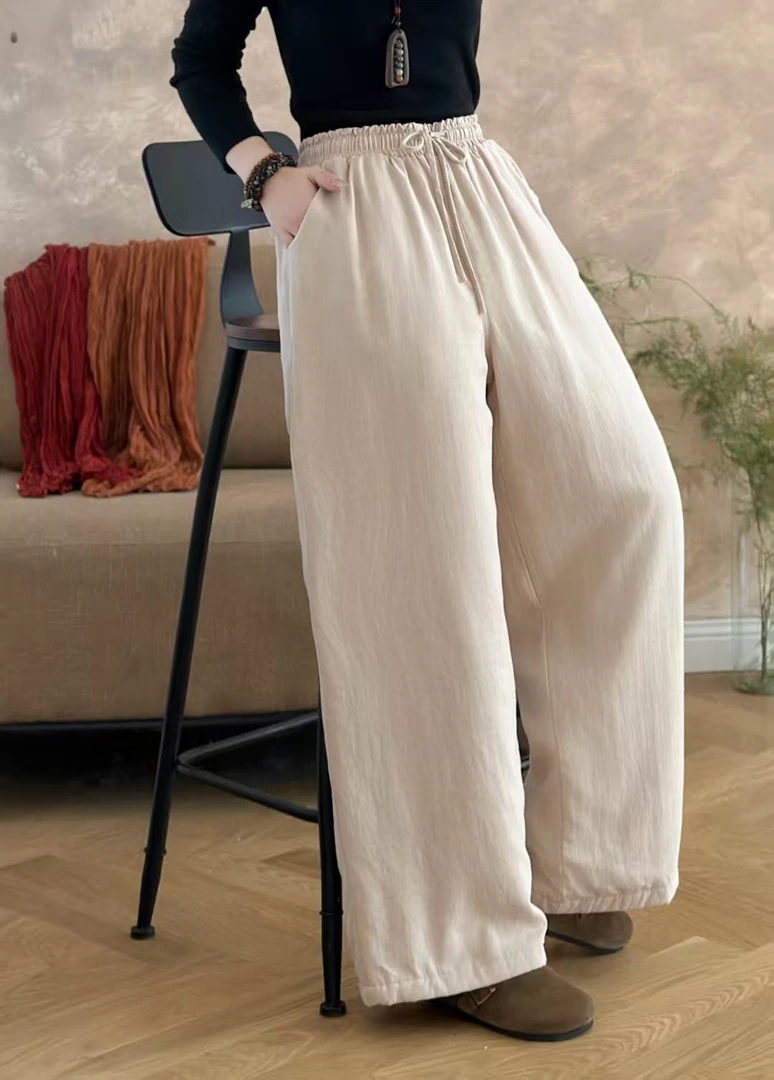 100%亚麻长裤阔腿裤保暖格纹纯色夏休闲裤冬季中国风加厚女装