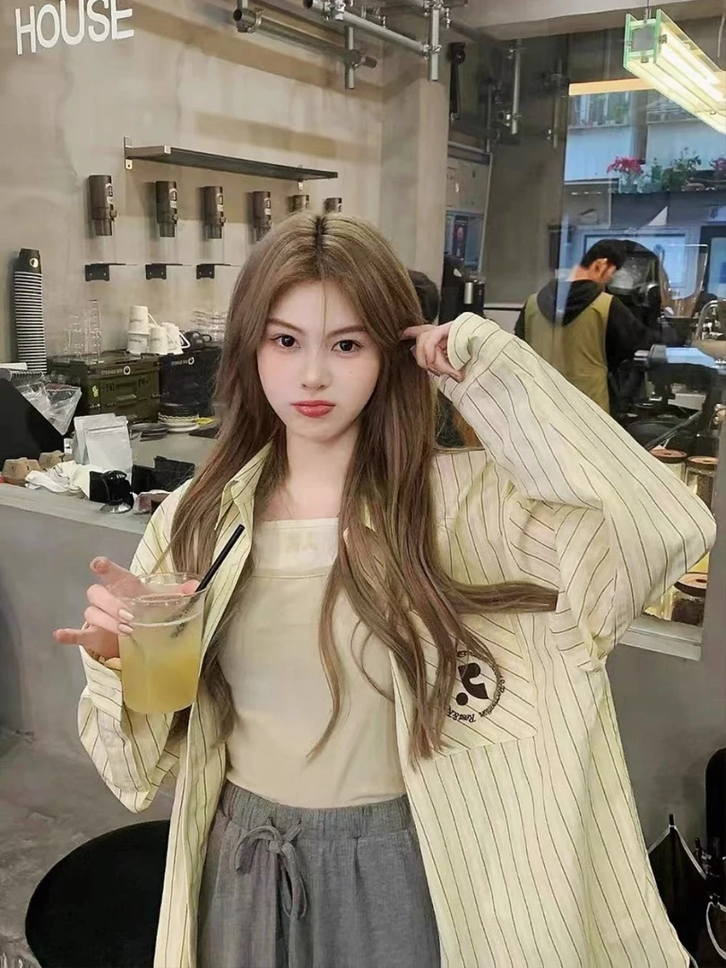 韩国Rest&Recreation经典条纹长袖衬衫刺绣宽松女生韩系ins衣服