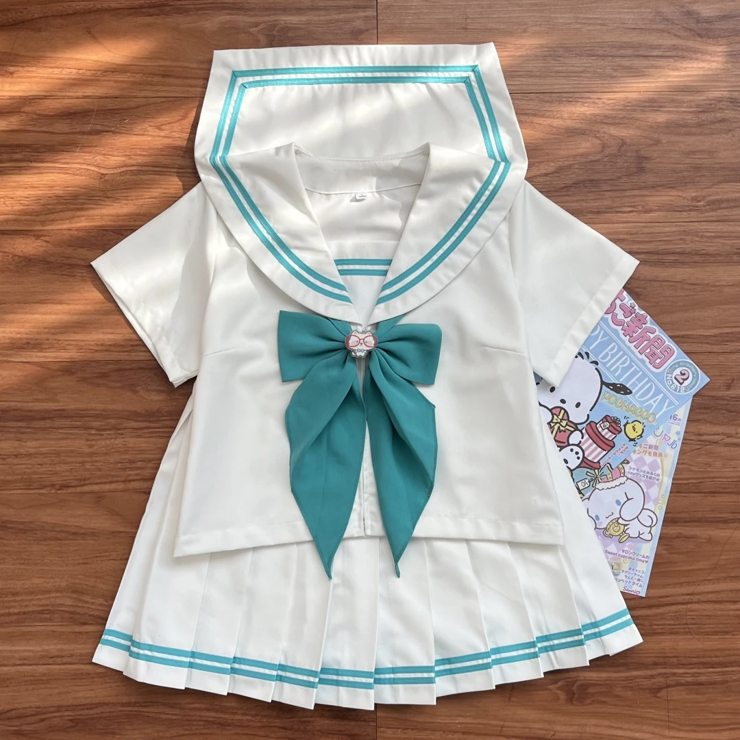 樱木子原创jk学院稀有少女水手服可爱制服百褶裙校供长袖套装青色