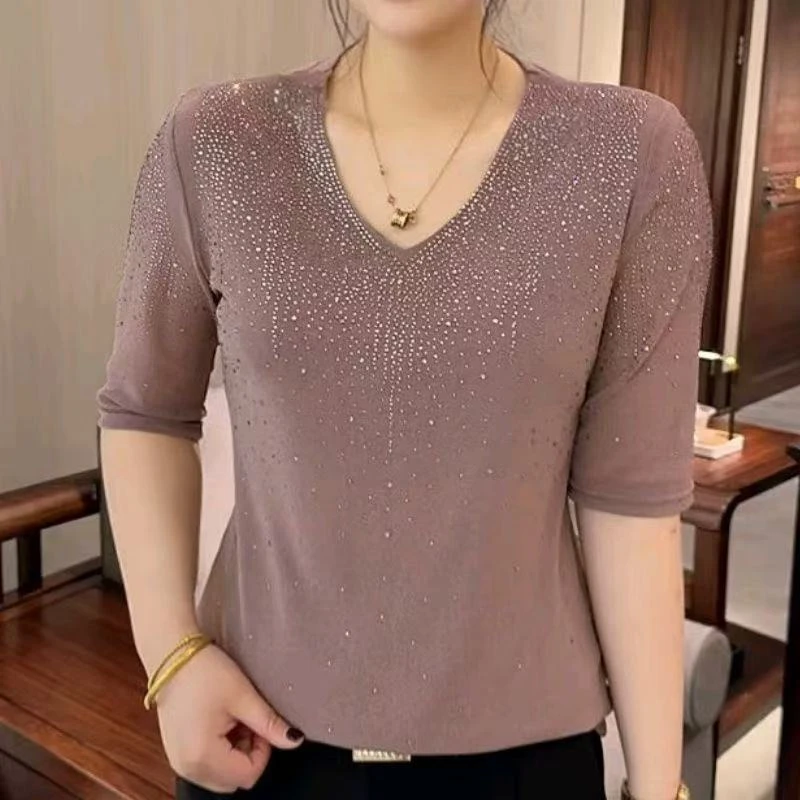 625时尚V领宽松型烫钻中袖短袖镶钻T恤蕾丝长袖显瘦修身针织百搭