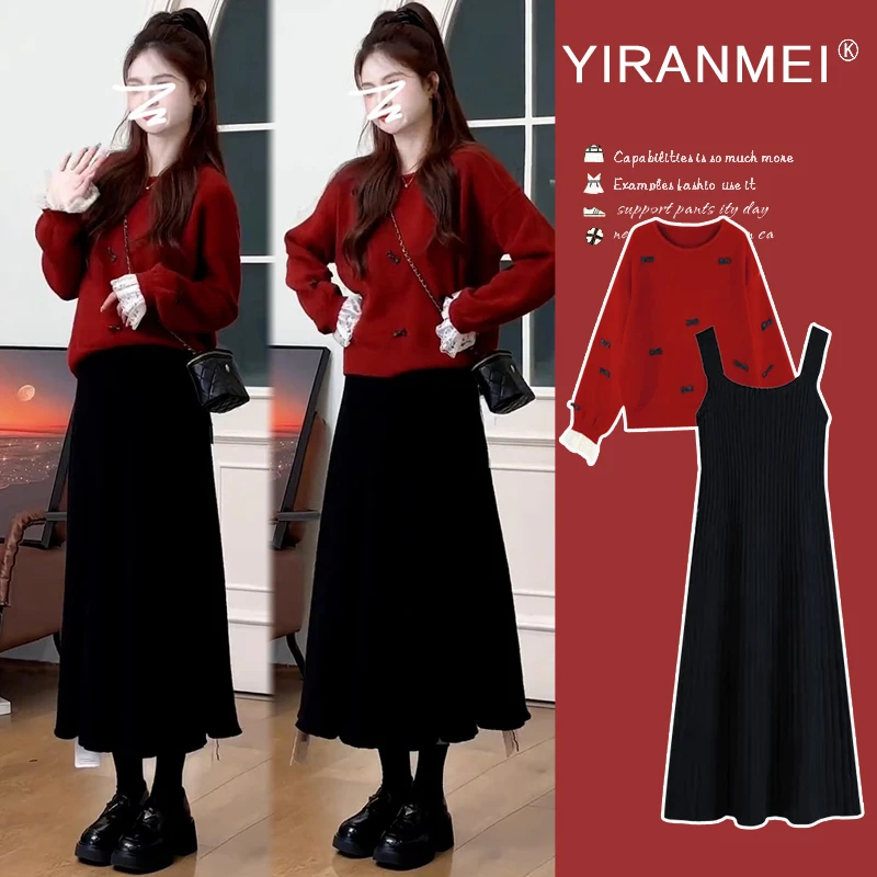 2025秋冬孕妇装新款网红时尚小香风洋气蝴蝶结跨年圣诞喜庆连衣裙