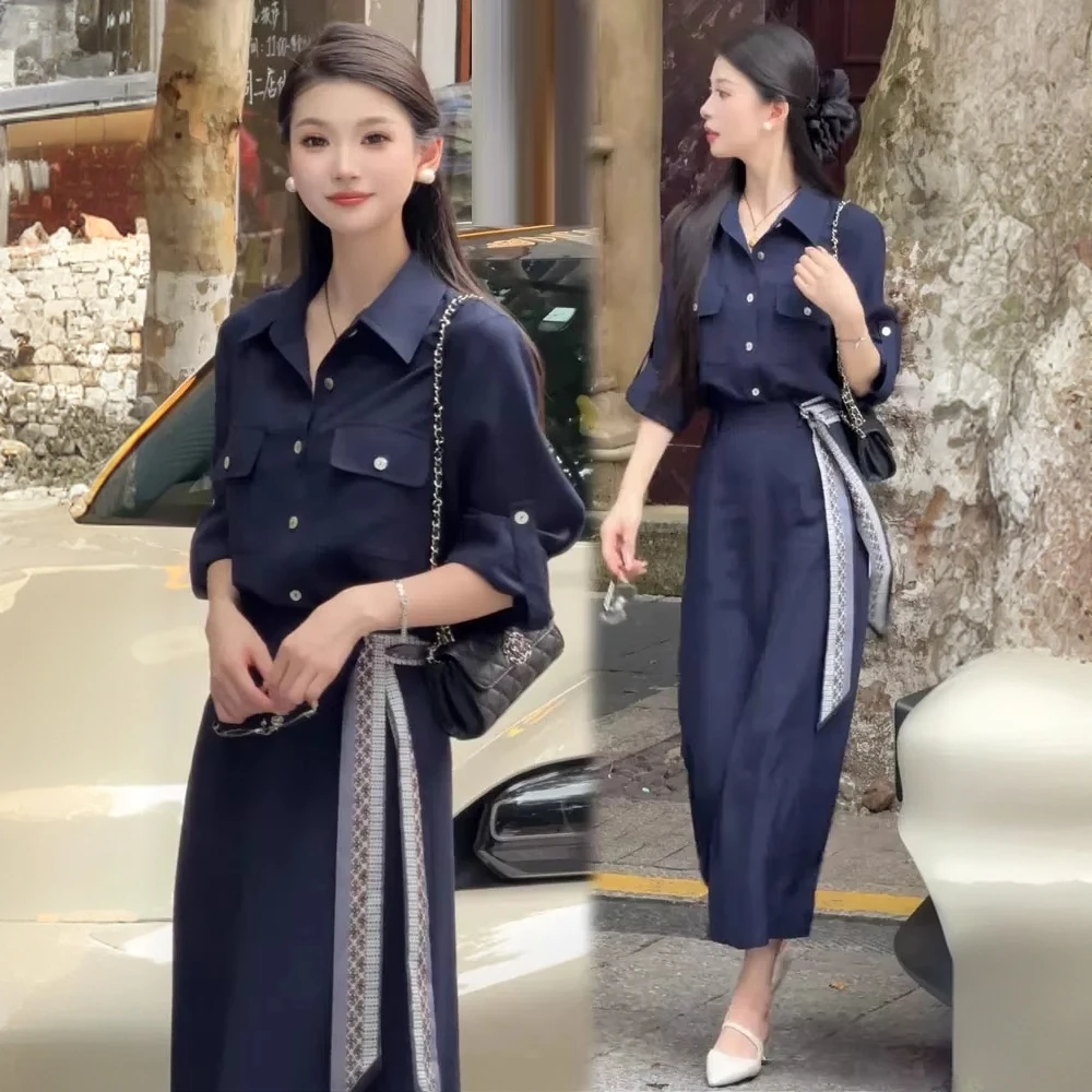 时尚连衣裙女2025早秋新款减龄收腰显瘦polo领职业飘带中长款裙子