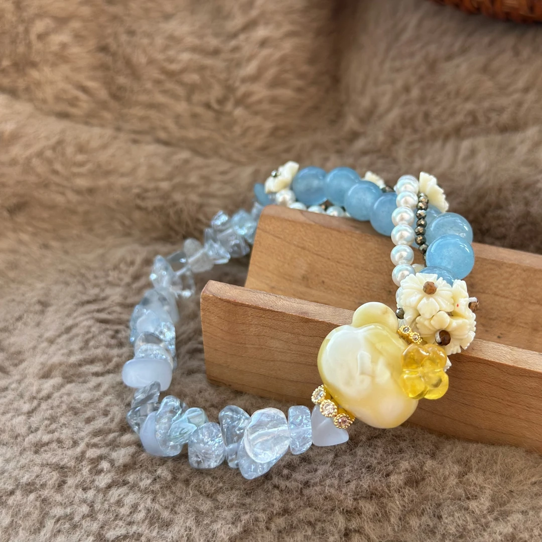 蜜蜡金白熊头冰川蓝ab款精品手串