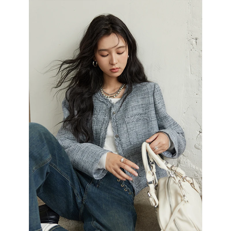 谜秀 短款V领小香风外套春秋小个子气质通勤高级感上衣