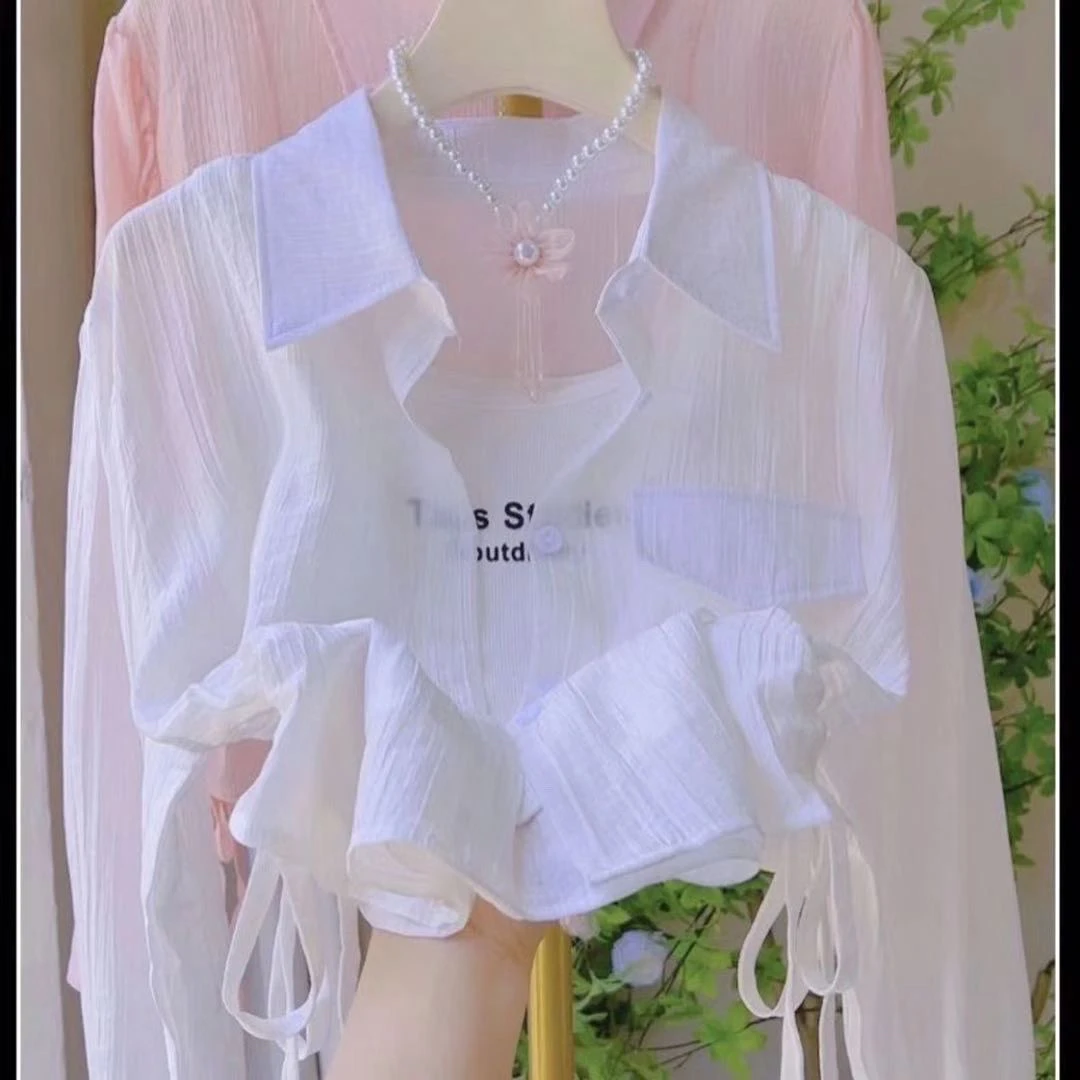 小个子白色超仙短款衬衫防晒衣女外穿2025夏季新款抽绳纯色上衣潮