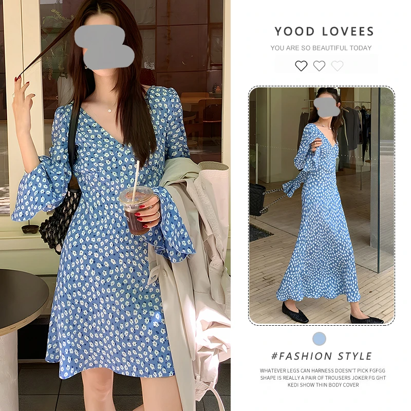 2025夏季新款仙女裙法式显瘦碎花系带长袖连衣裙气质显瘦度假裙子