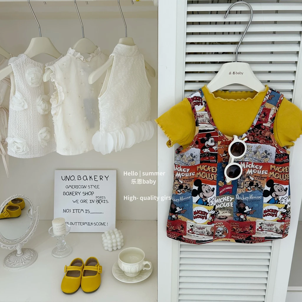 【乐恩baby】高级女童夏季新款黄色T恤上衣米奇背带裙洋气两件套装