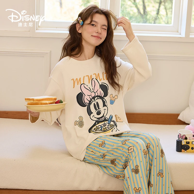 Disney迪士尼羊绒蚕丝女圆领秋冬长袖长裤带胸垫舒适家居服0212
