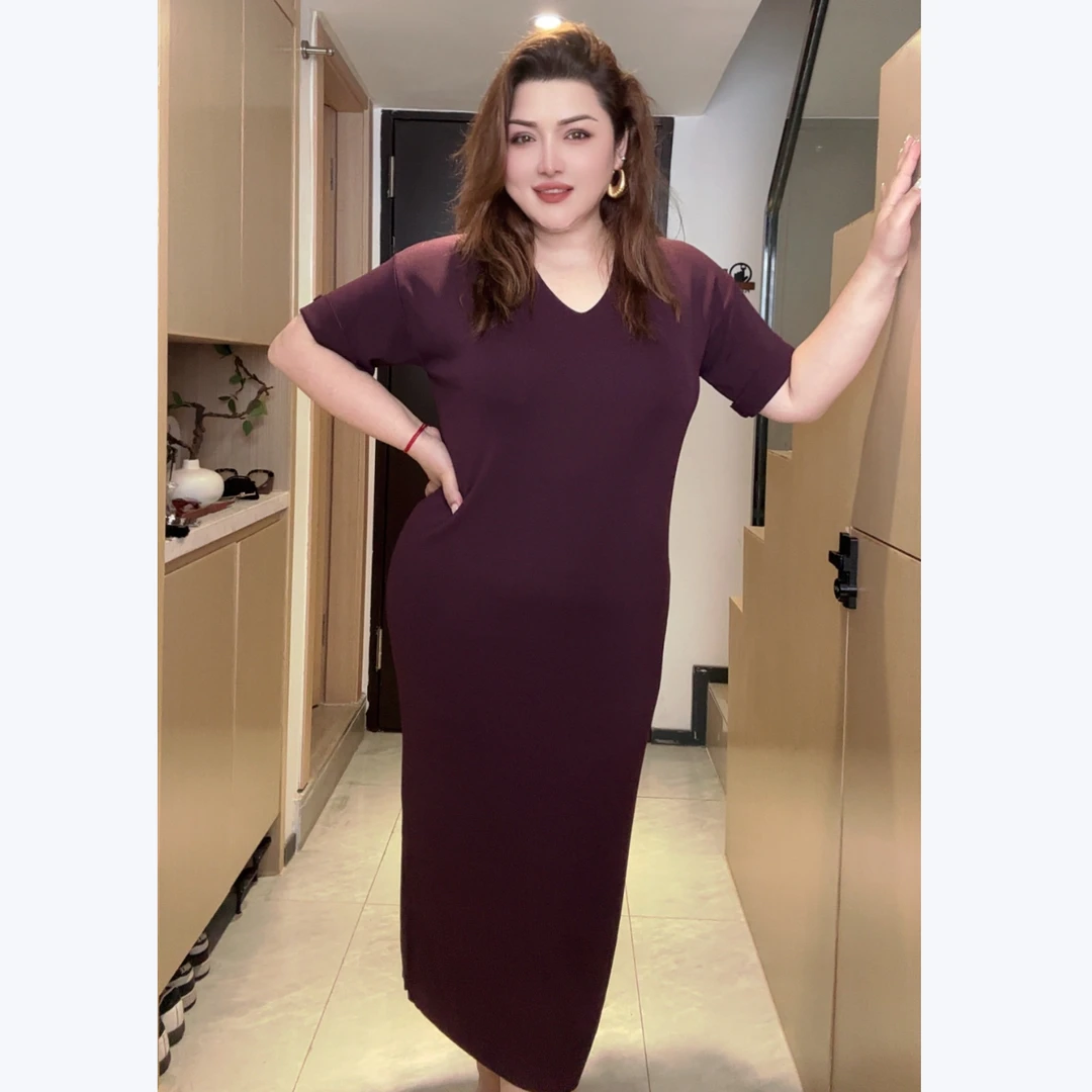 1035夏季气质V领连衣裙显瘦复古短袖轻职风长裙