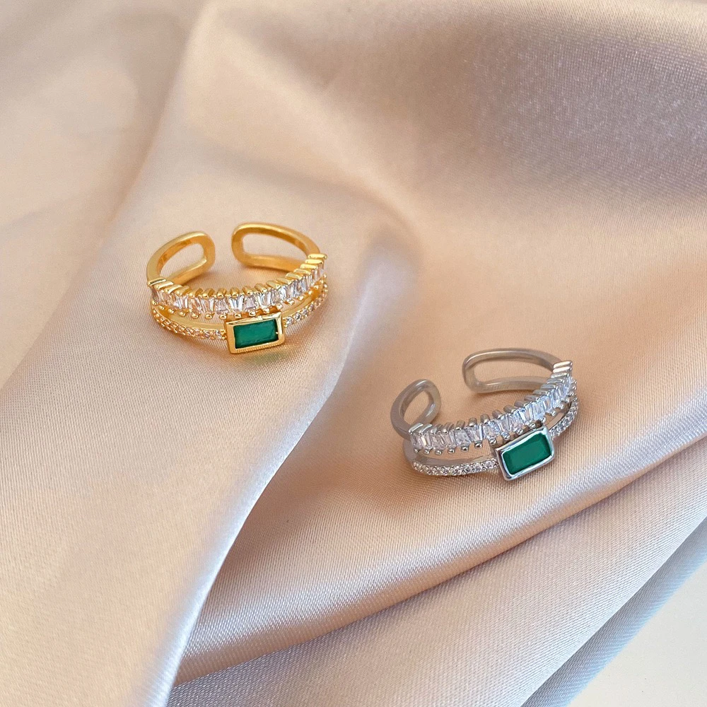 合金戒指 复古孔雀绿满钻双层小众食指环简约气质开口戒铜镀真金